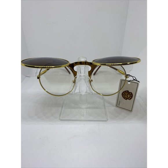 Vintage Retro Flip-up Steampunk Sunglasses Gold Frame Brown Lens Classic Round - Picture 2 of 7